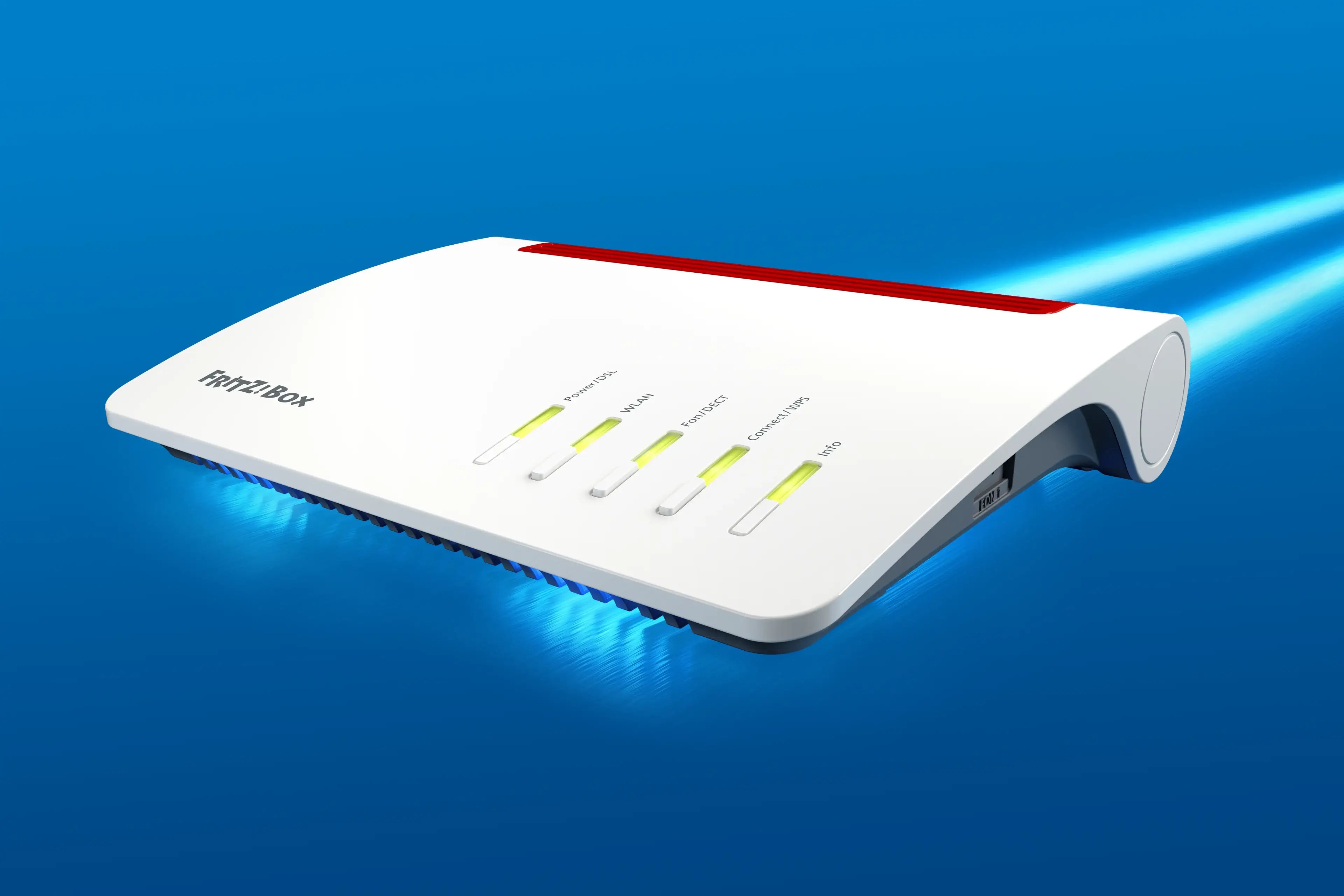FritzBox Router auf blauem Hintergrund, betriebsbereit mit Leuchten und Tasten für eine stabile Internetverbindung.