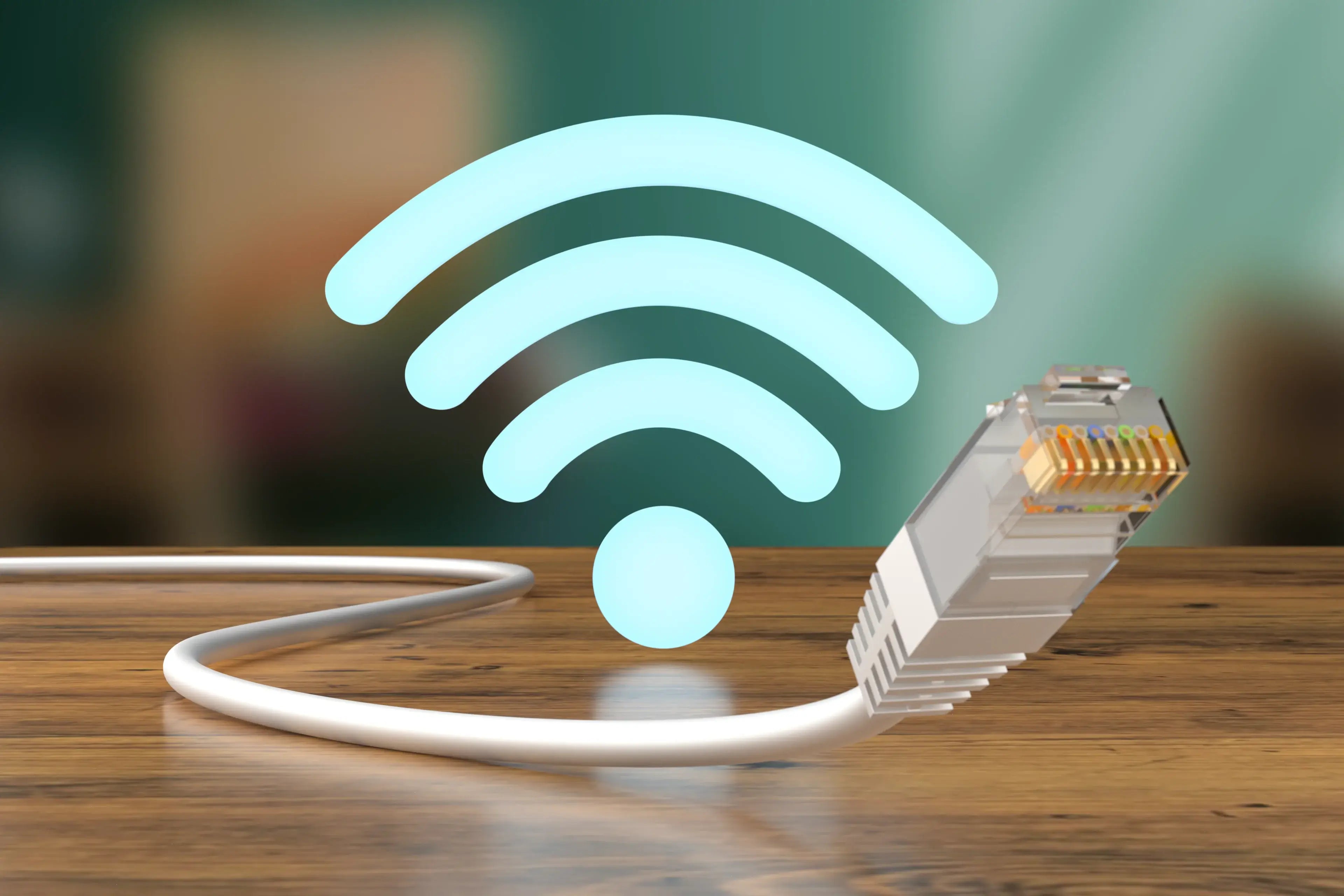 Ein Ethernet-Kabel mit WLAN-Symbol, das eine Verbindung und Internetzugang darstellt.