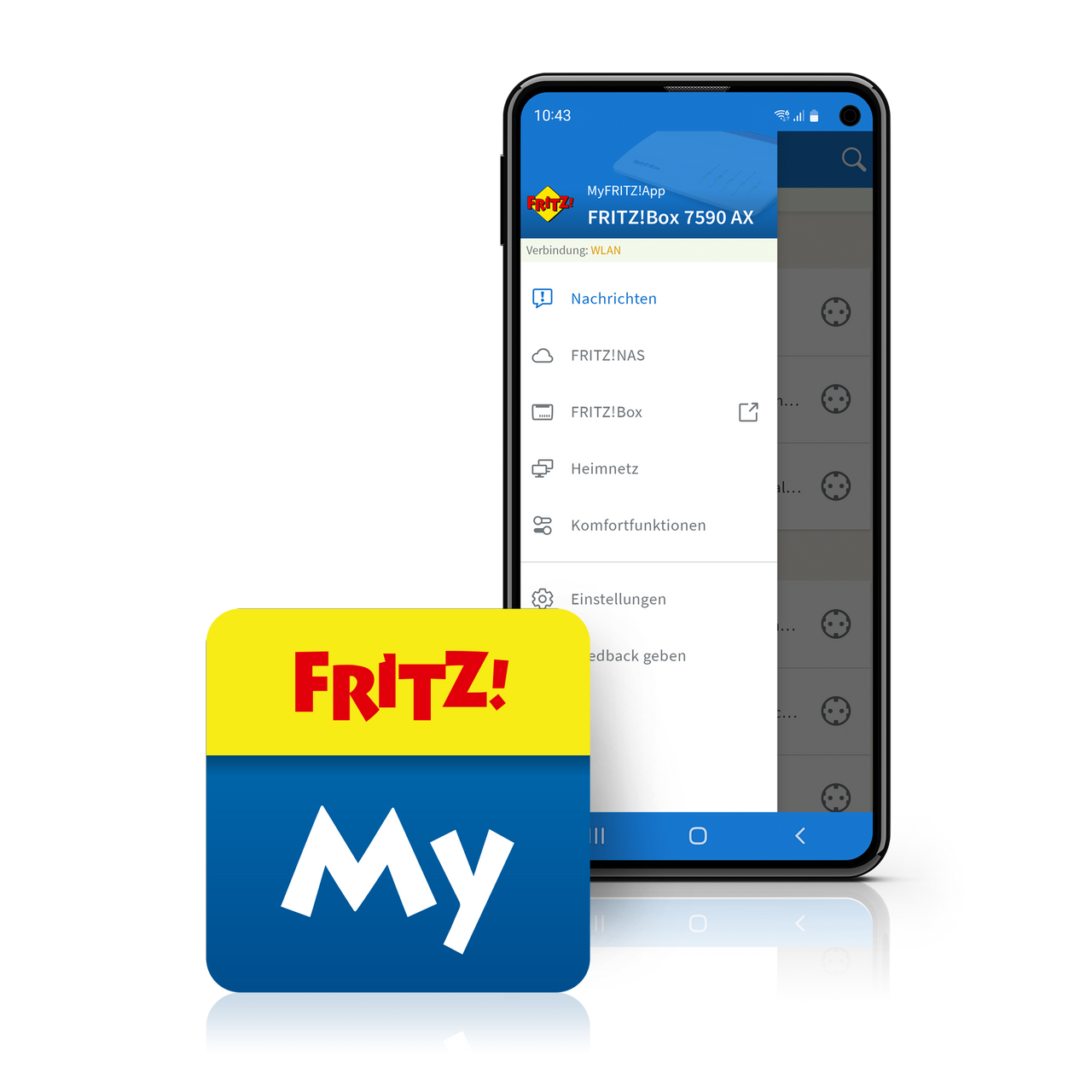 Icona dell’app MyFRITZ! e schermata dell’interfaccia utente su sfondo bianco