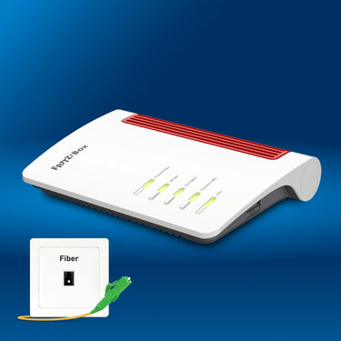 FRITZ!Box 5530 Fiber auf blauem Hintergrund mit Fiber-Anschluss