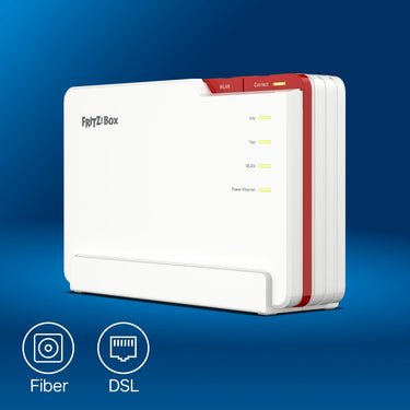 FRITZ!Box 5690 Pro Modem mit Anschlüssen für Fiber und DSL auf blauem Hintergrund.