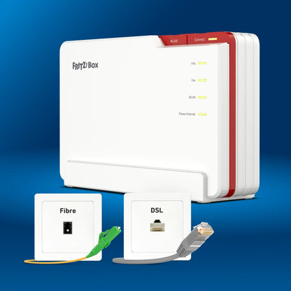 FRITZ!Box Router mit Anschlussmöglichkeiten für DSL und Fibre, ideal für schnelles Internet.