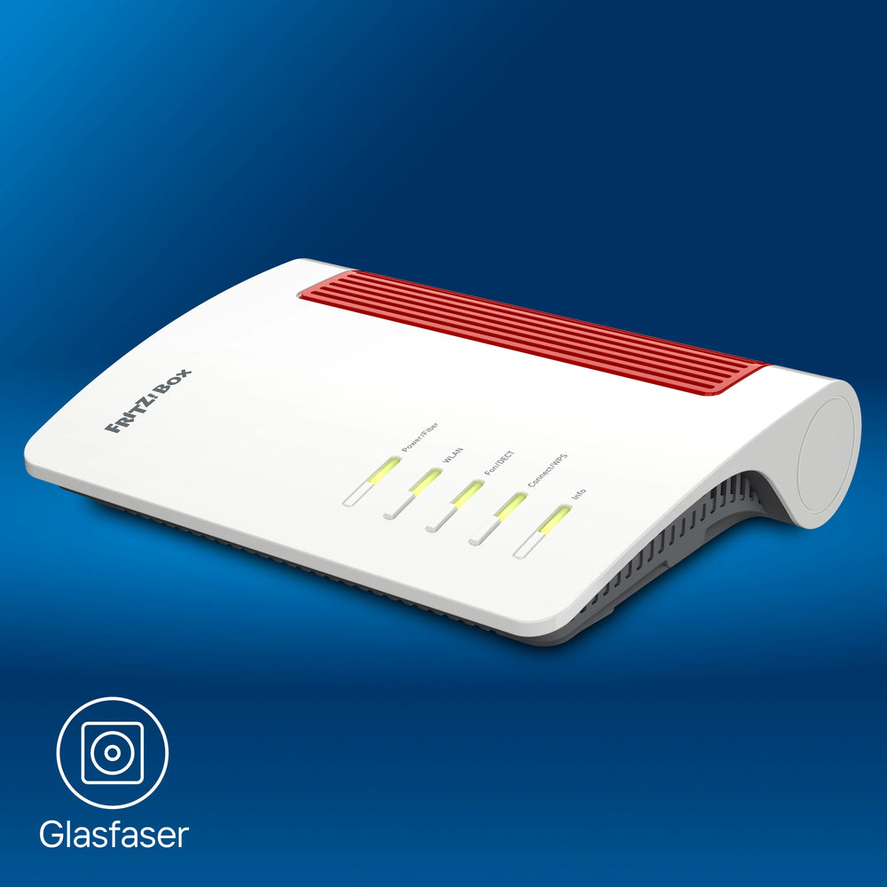 FRITZ!Box 5690 XGS auf blauem Hintergrund mit Glasfaseranschlussdose