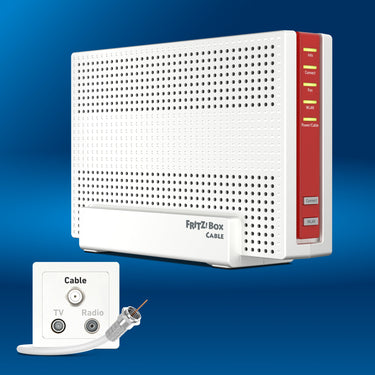 FRITZ!Box 6690 Cable auf blauem Hintergrund mit Kabel-Anschlussdose