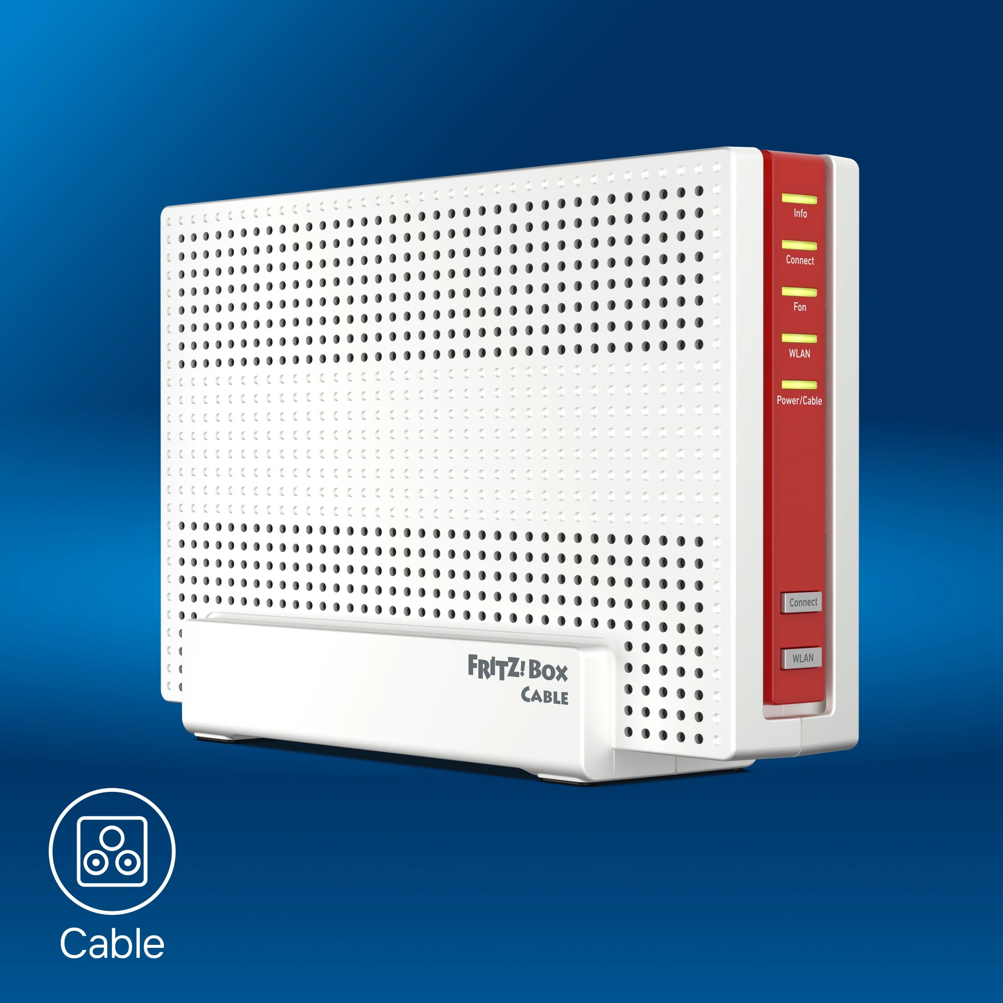 FRITZ!Box 6690 Cable auf blauem Hintergrund mit Kabel-Anschlussdose