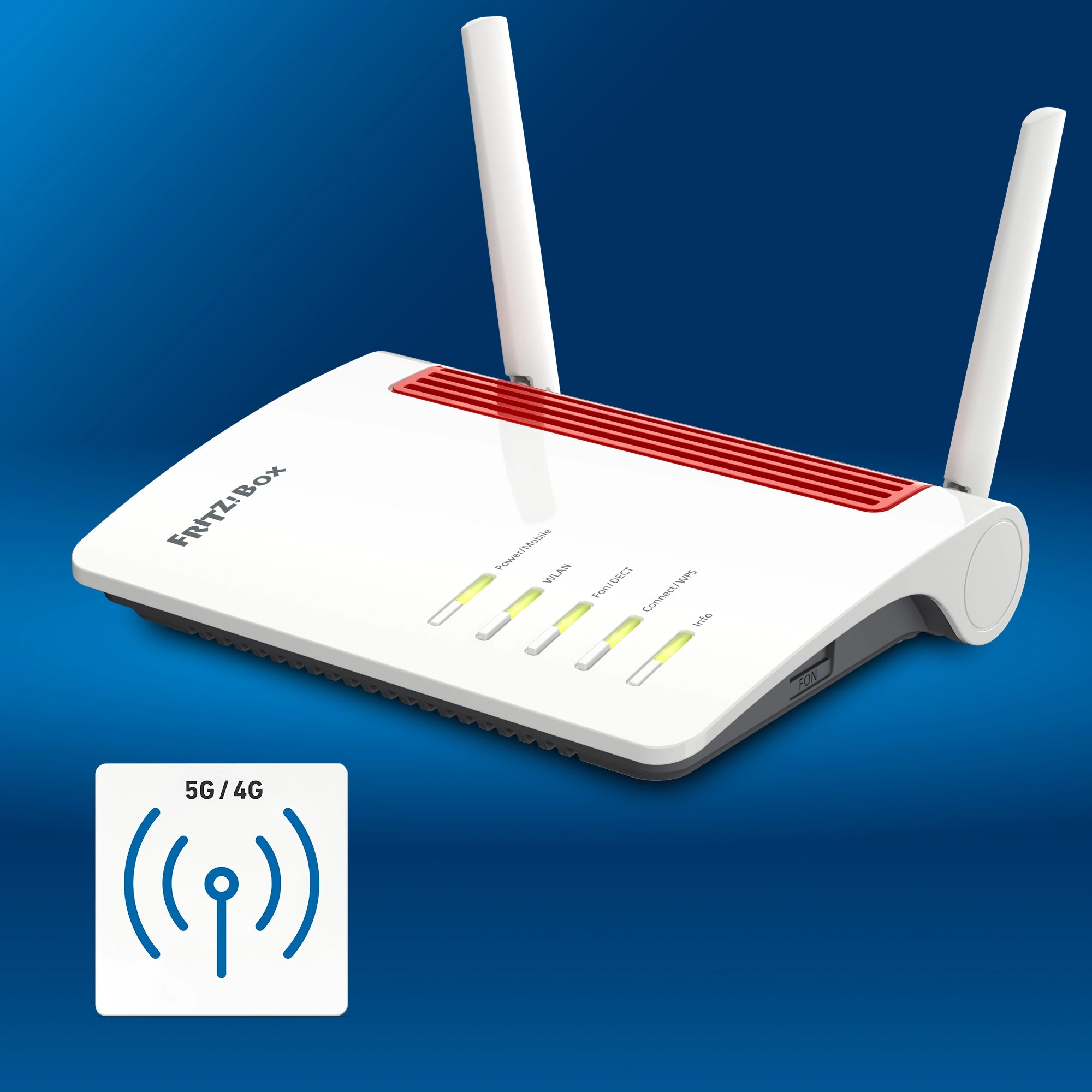 FRITZ!Box 6850 auf blauem Hintergrund mit 5G-Anschluss