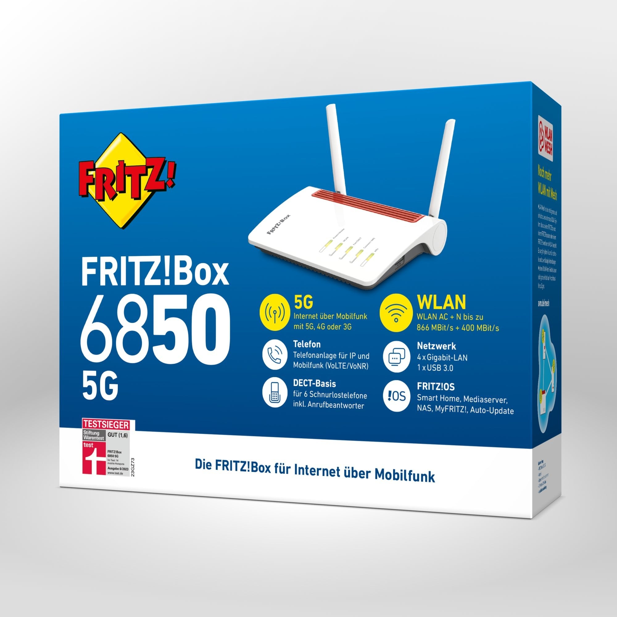 Verpackung von FRITZ!Box 6850 5G auf grauem Hintergrund