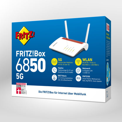 Verpackung von FRITZ!Box 6850 5G auf grauem Hintergrund