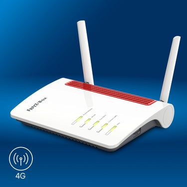 FRITZ!Box 6850 LTE auf blauem Hintergrund mit 4G-Anschluss