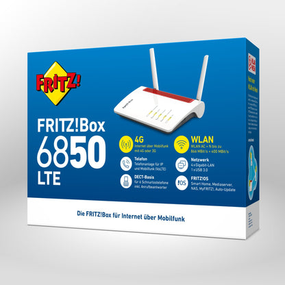 Verpackung von FRITZ!Box 6850 LTE auf grauem Hintergrund