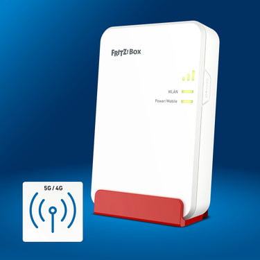 FRITZ!Box 6860 auf blauem Hintergrund mit 5G-Anschluss