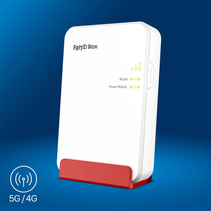 FRITZ!Box 6860 auf blauem Hintergrund mit 5G-Anschluss