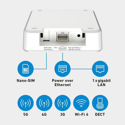 Rückansicht der FRITZ!Box 6860 5G, Anschlüsse: Nano-SIM, 5G, 4G, 3G, 1x Gigabit-LAN (PoE), Wi-Fi 6, DECT auf grauem Hintergrund.