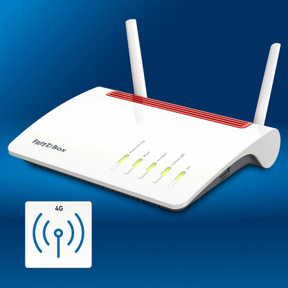 FRITZ!Box 6890 auf blauem Hintergrund mit 4G-Anschluss