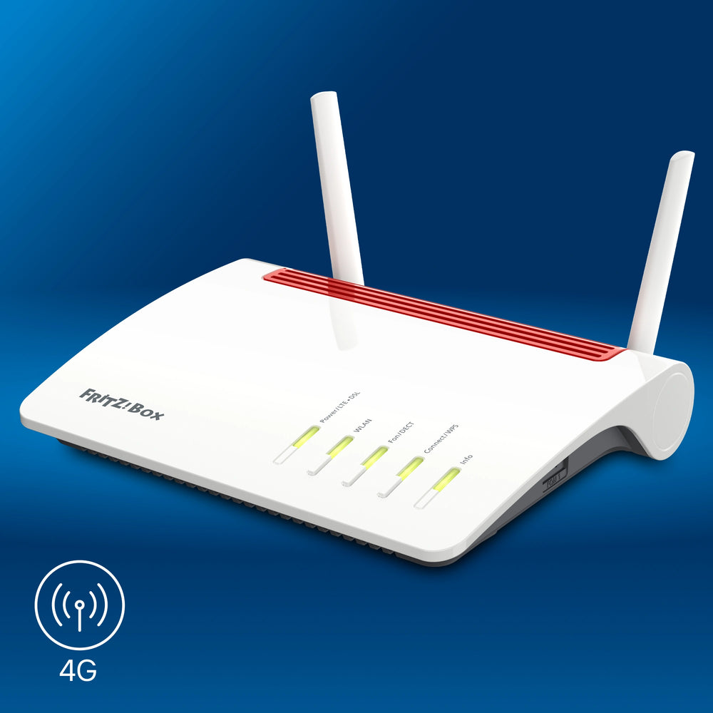 FRITZ!Box 6890 auf blauem Hintergrund mit 4G-Anschluss