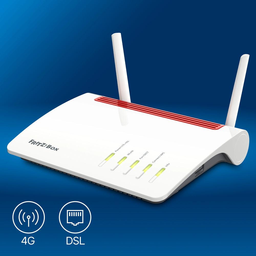 FRITZ!Box 6890 auf blauem Hintergrund mit 4G-Anschluss