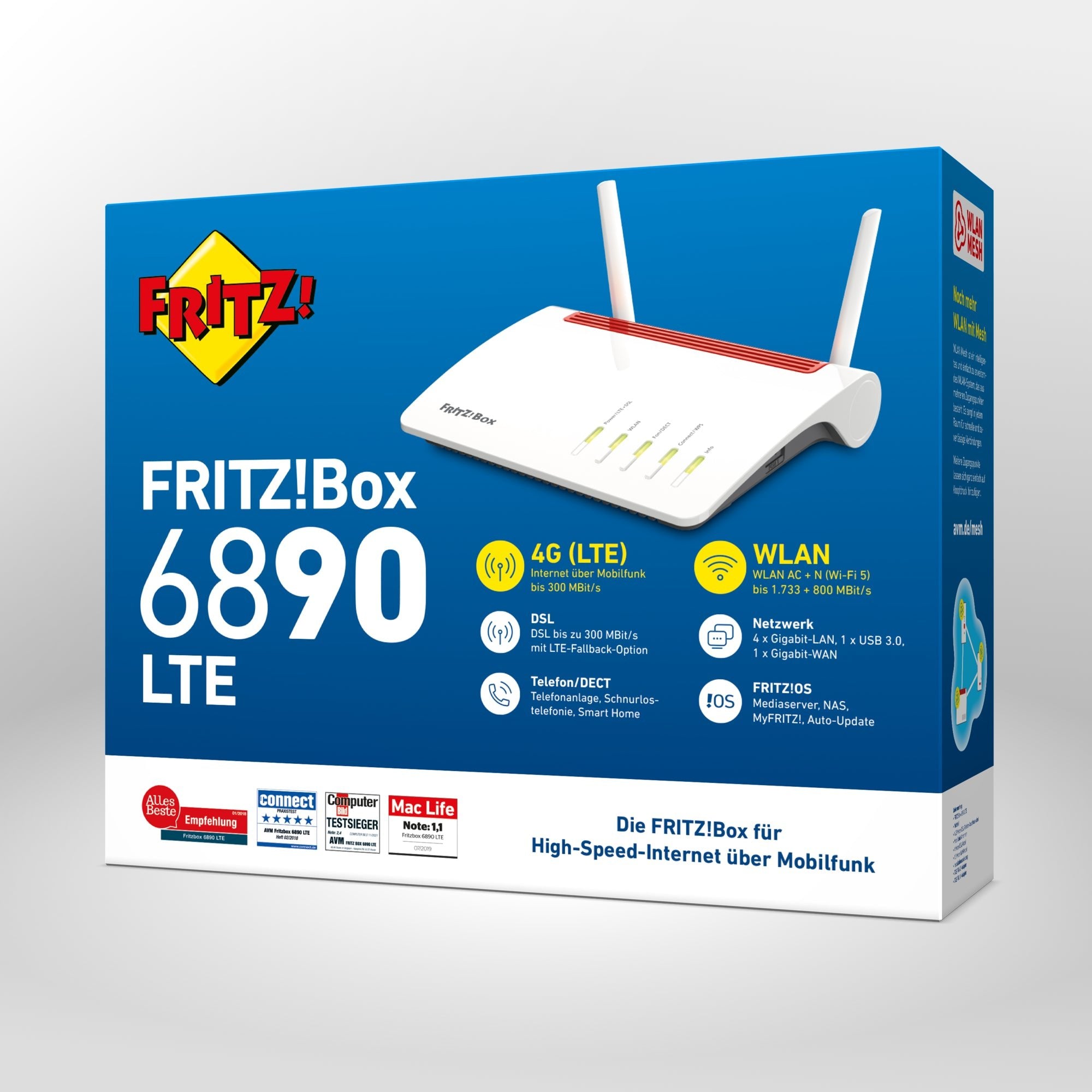 Verpackung von FRITZ!Box 6890 LTE auf grauem Hintergrund