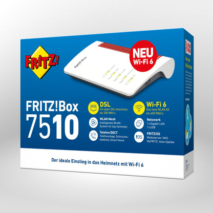 Verpackung von FRITZ!Box 7510 auf grauem Hintergrund