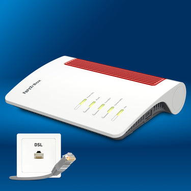 FRITZ!Box 7690 auf blauem Hintergrund mit DSL-Anschlussdose