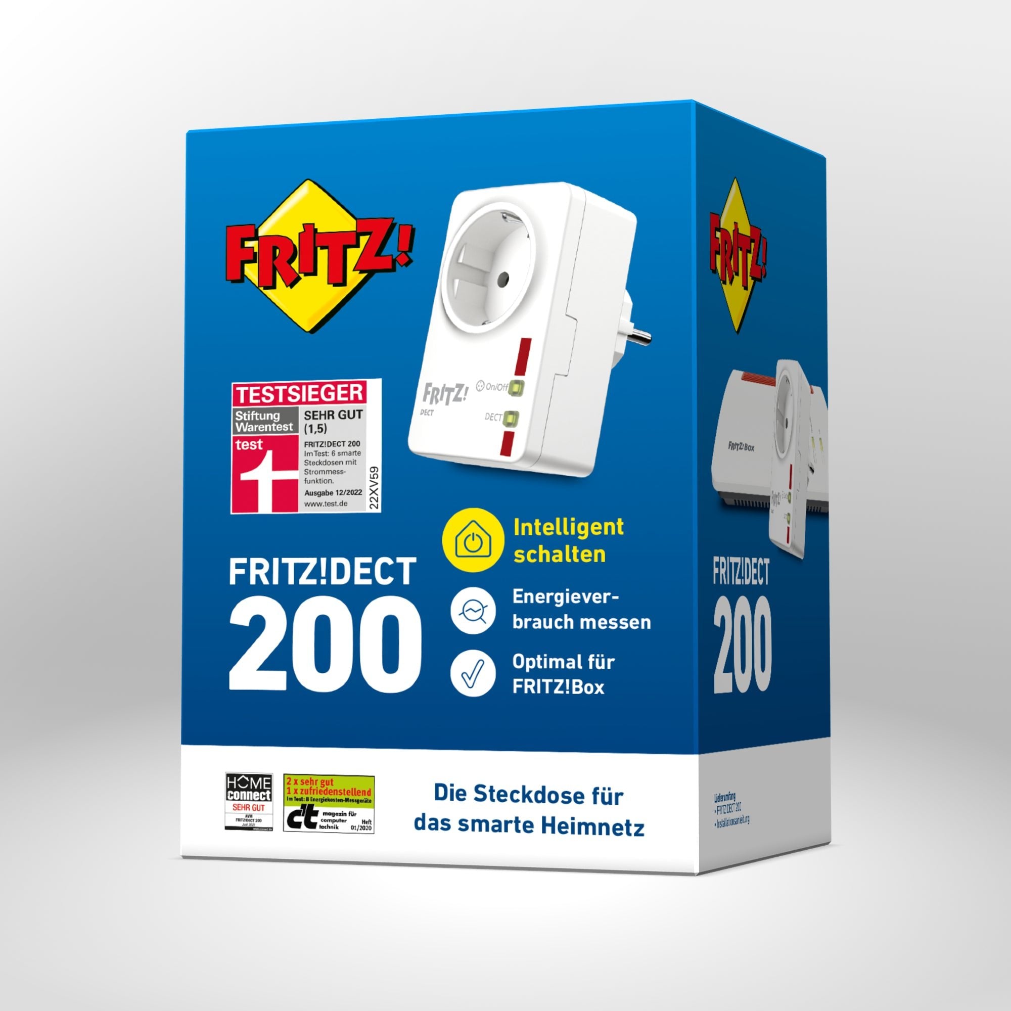 Verpackung von FRITZ!DECT 200 auf grauem Hintergrund