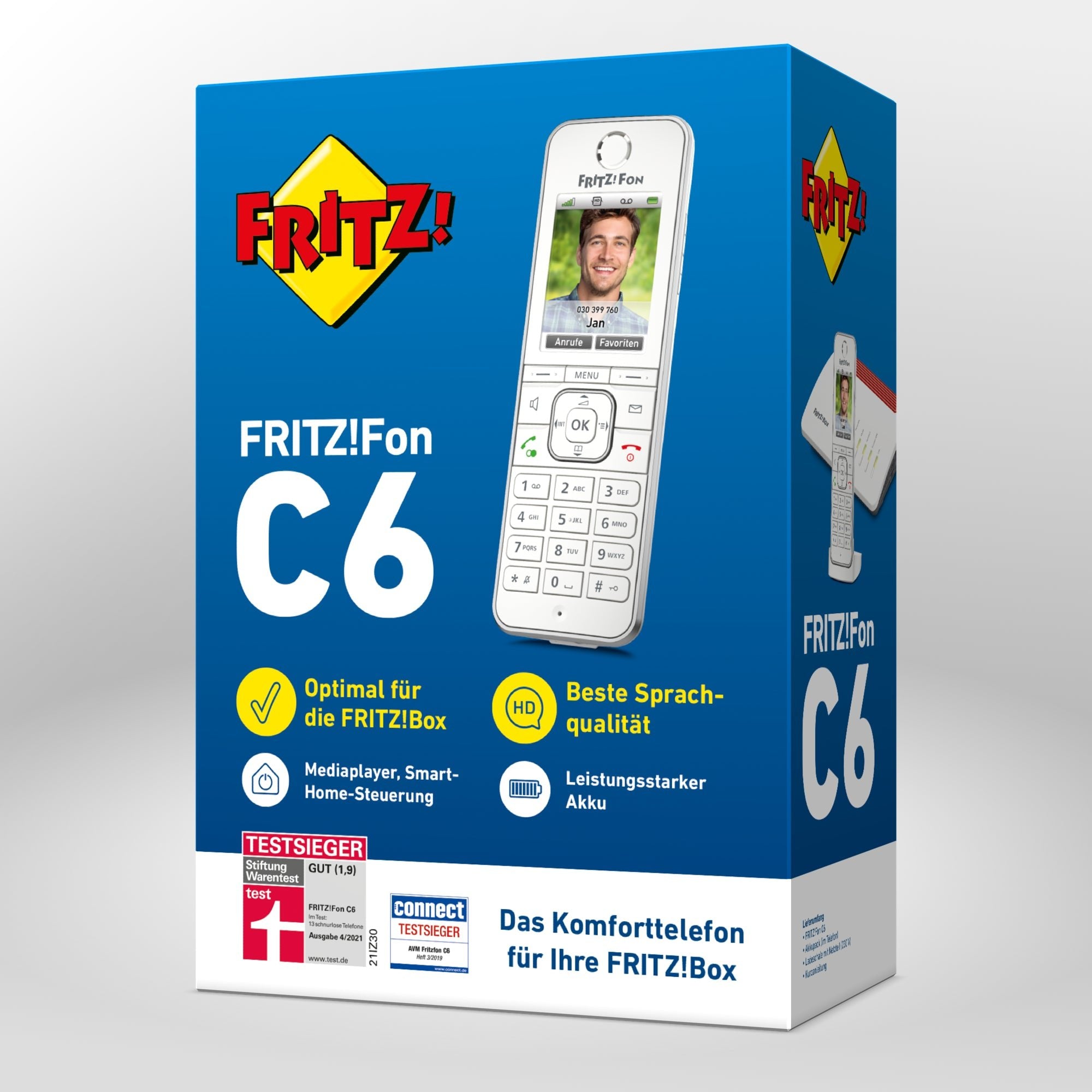 Verpackung von FRITZ!Fon C6 auf grauem Hintergrund