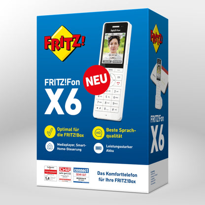 Verpackung von FRITZ!Fon X6 auf grauem Hintergrund