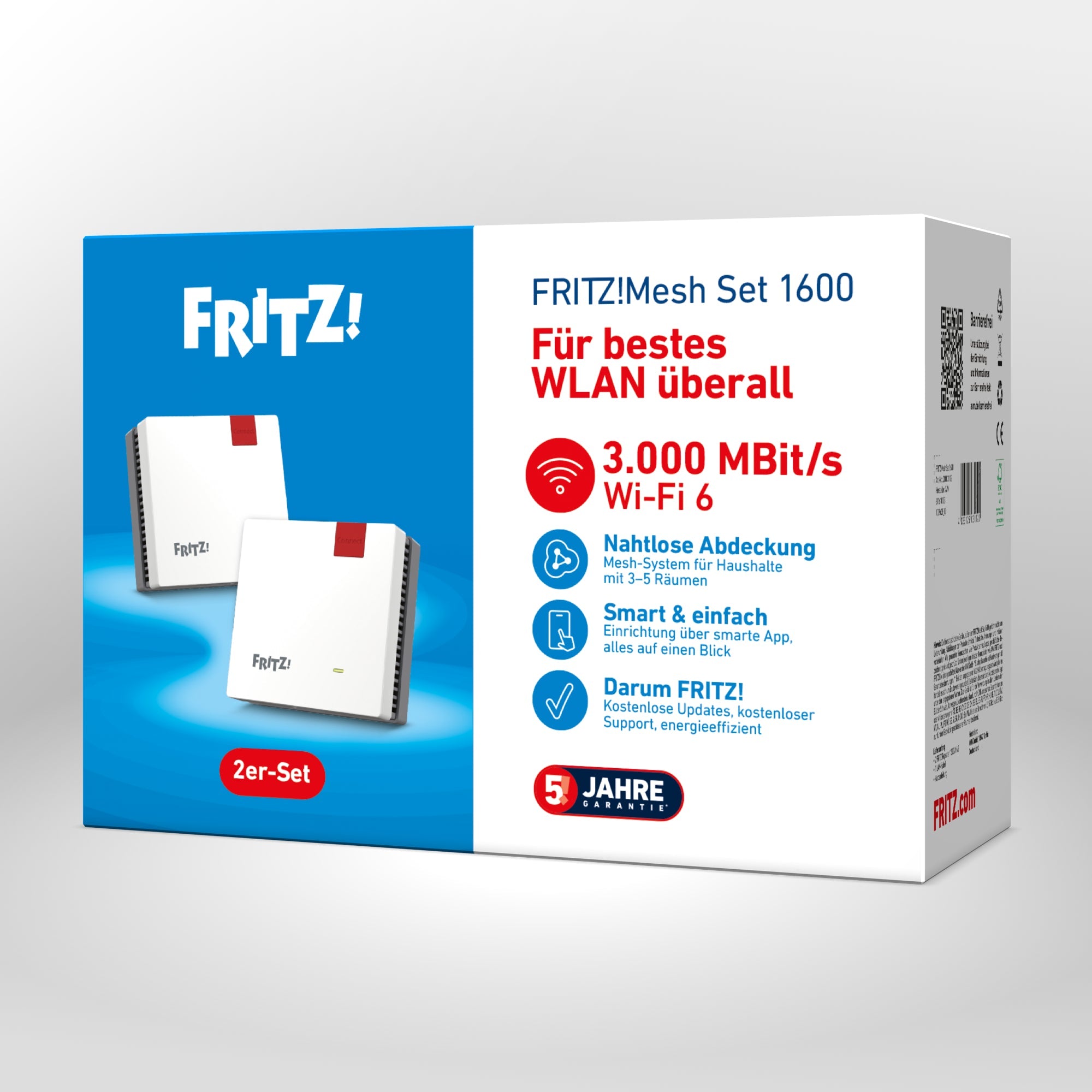 Verpackung von FRITZ!Mesh Set 1600 auf grauem Hintergrund