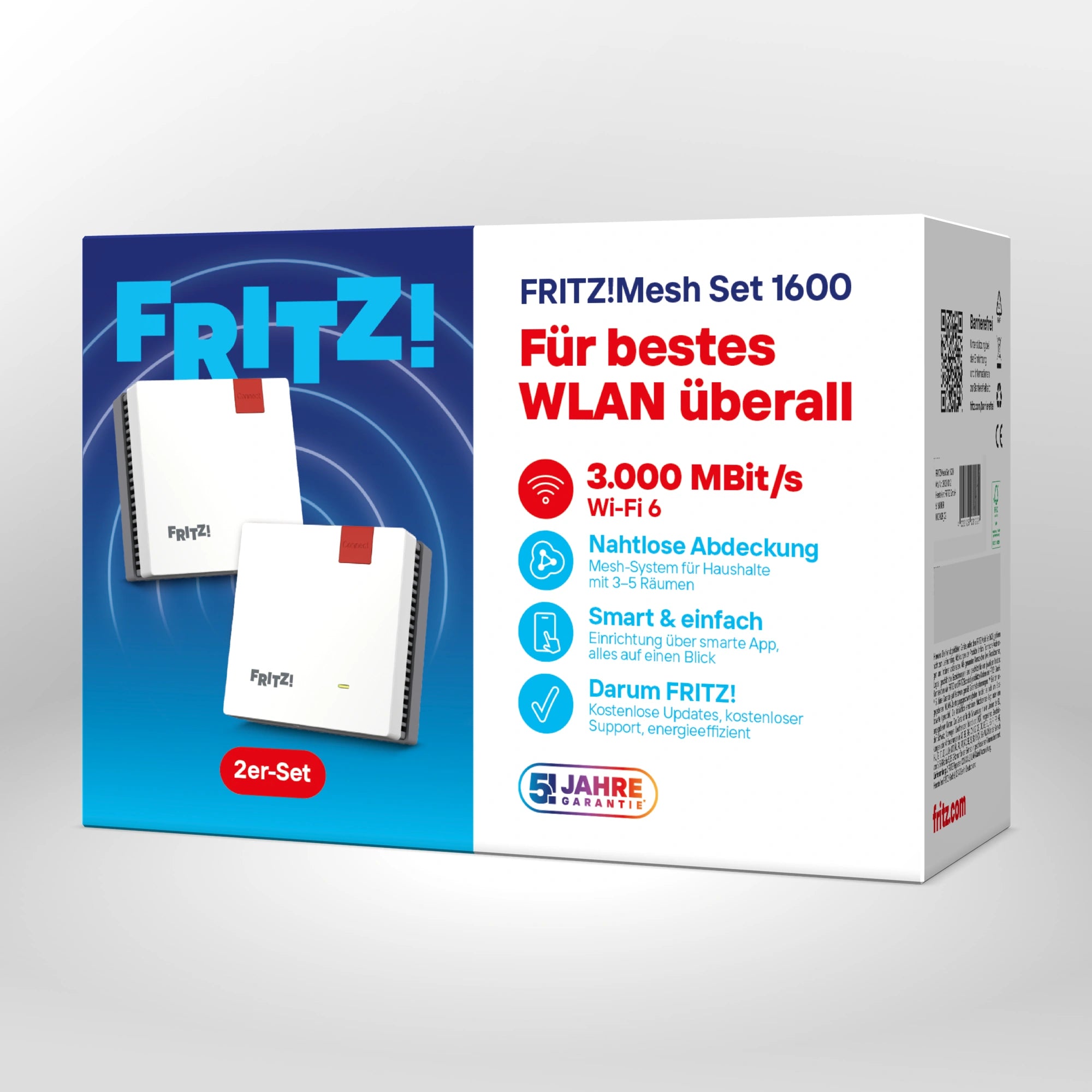Verpackung von FRITZ!Mesh Set 1600 auf grauem Hintergrund