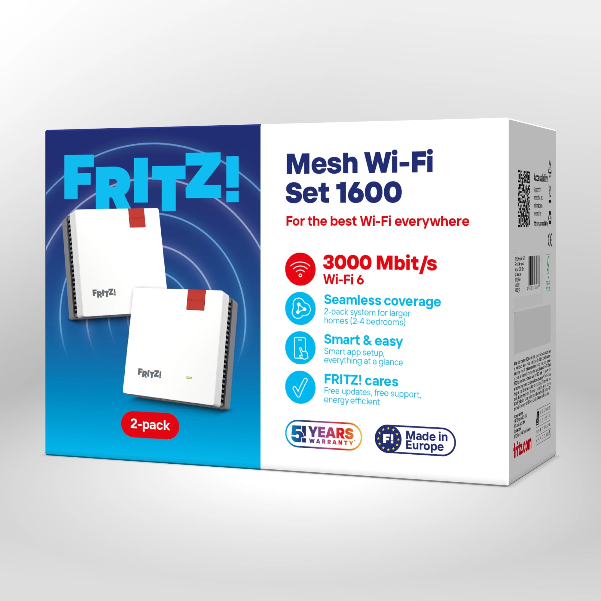 Verpackung von FRITZ!Mesh Set 1600 auf grauem Hintergrund