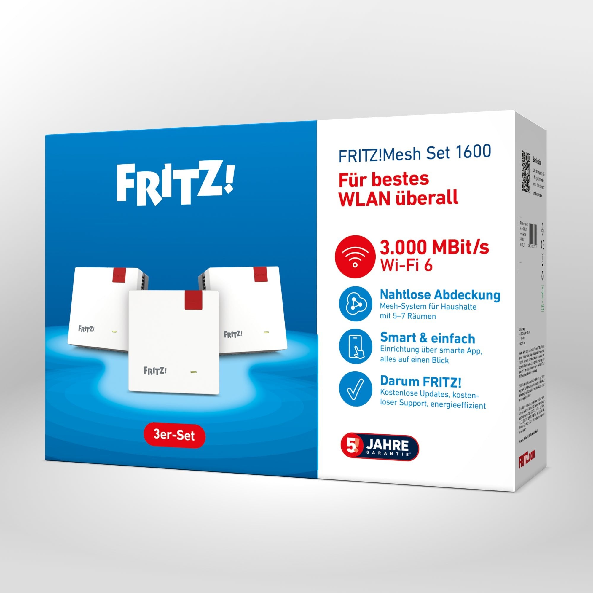 Verpackung von FRITZ!Mesh Set 1600 auf grauem Hintergrund