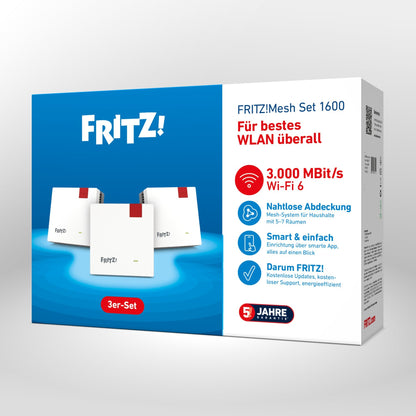 Verpackung von FRITZ!Mesh Set 1600 auf grauem Hintergrund