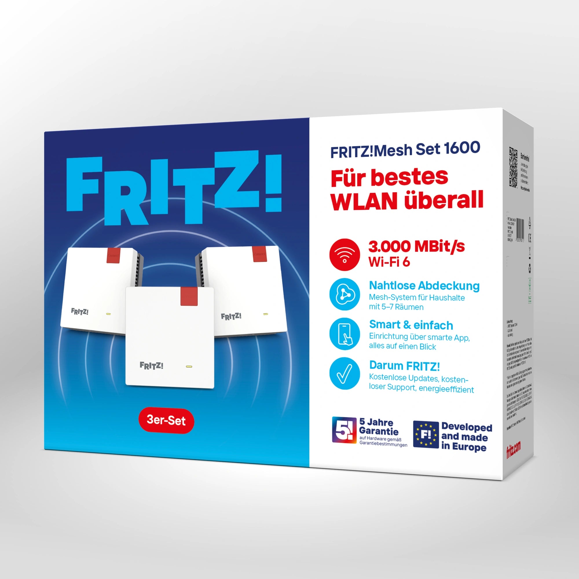 Verpackung von FRITZ!Mesh Set 1600 auf grauem Hintergrund