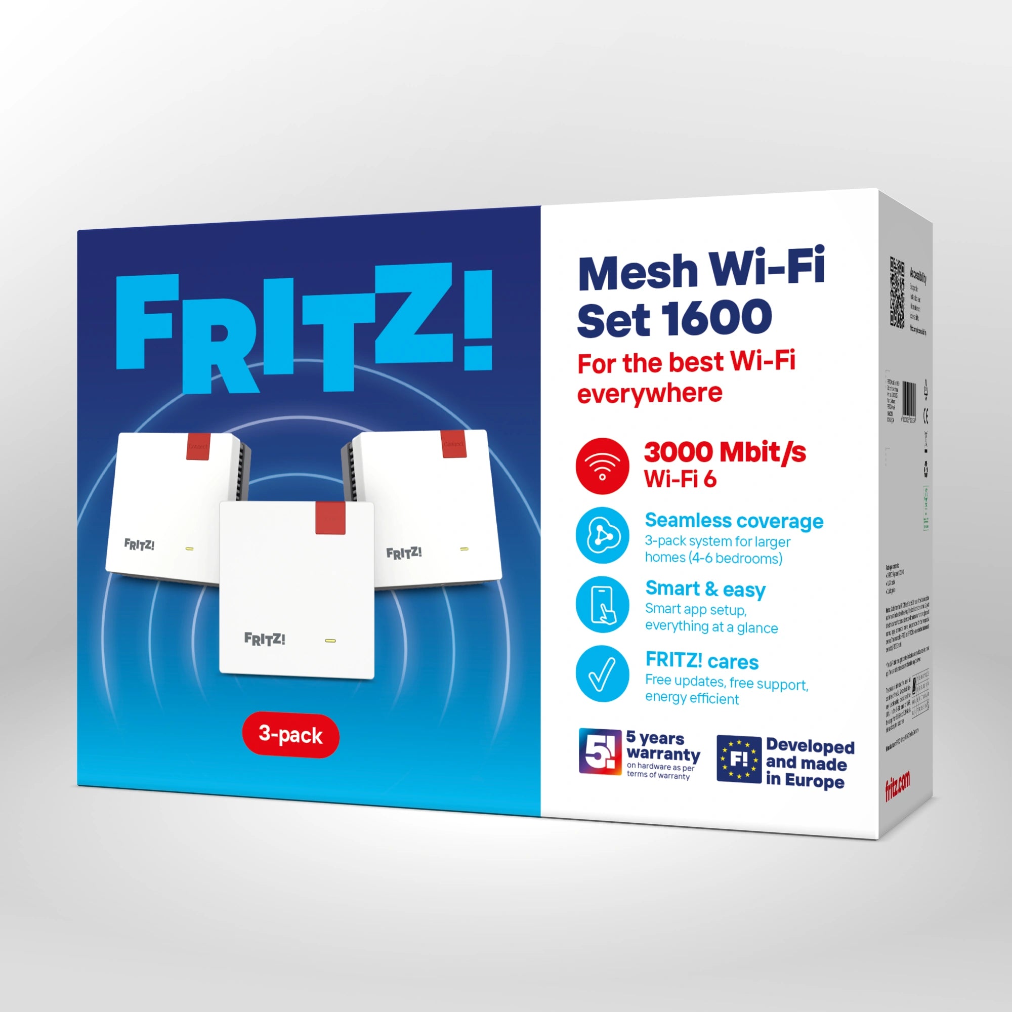 Verpackung von FRITZ!Mesh Set 1600 auf grauem Hintergrund