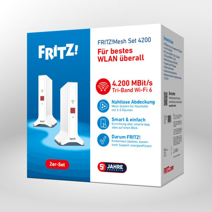 Verpackung vom FRITZ!Mesh Set 4200 auf grauem Hintergrund