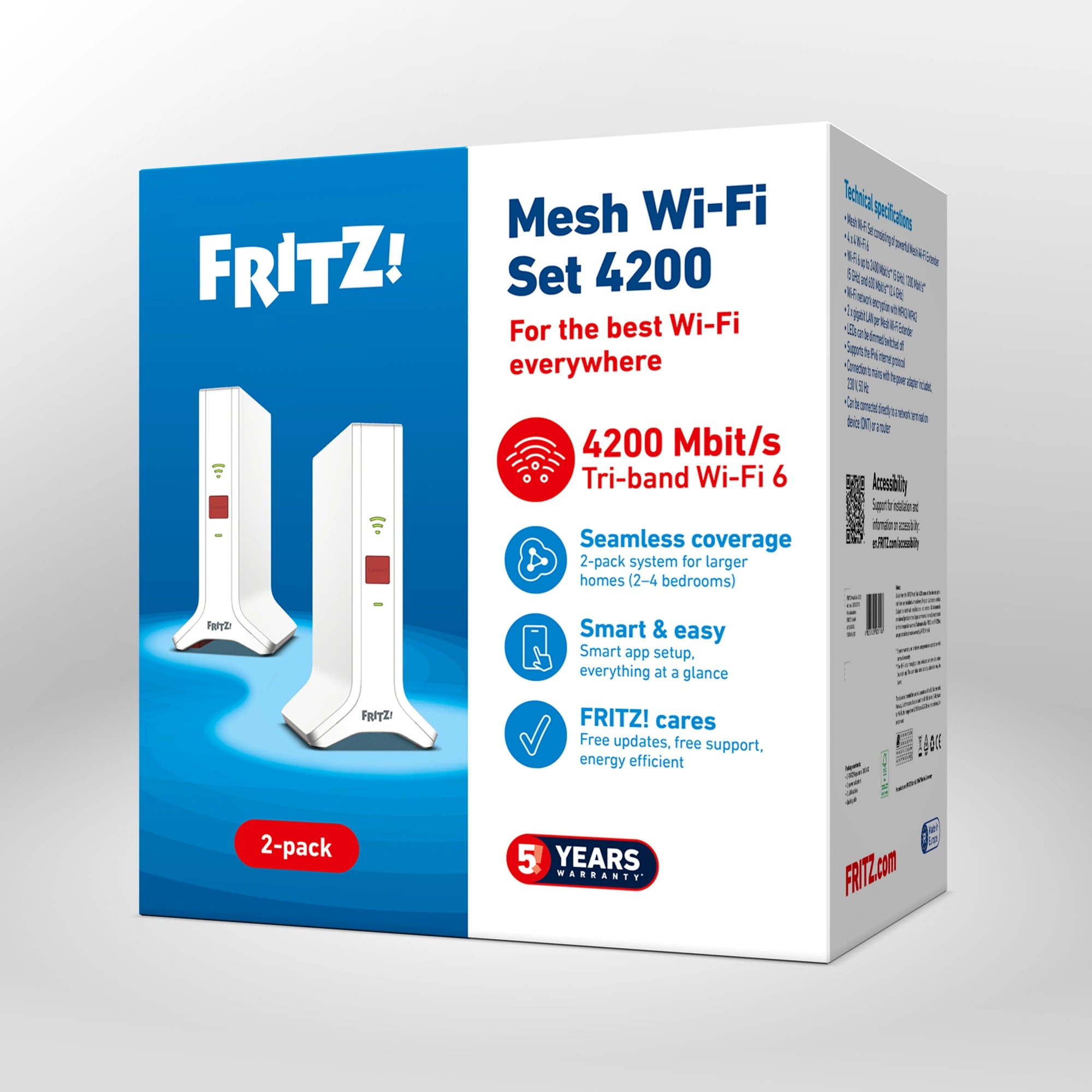 Verpackung von FRITZ!Mesh Set 4200 auf grauem Hintergrund