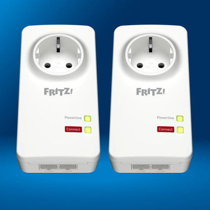 Fritz! Powerline Adapter Set mit zwei Steckdosen, ideal für die Internetverbindung über das Stromnetz.