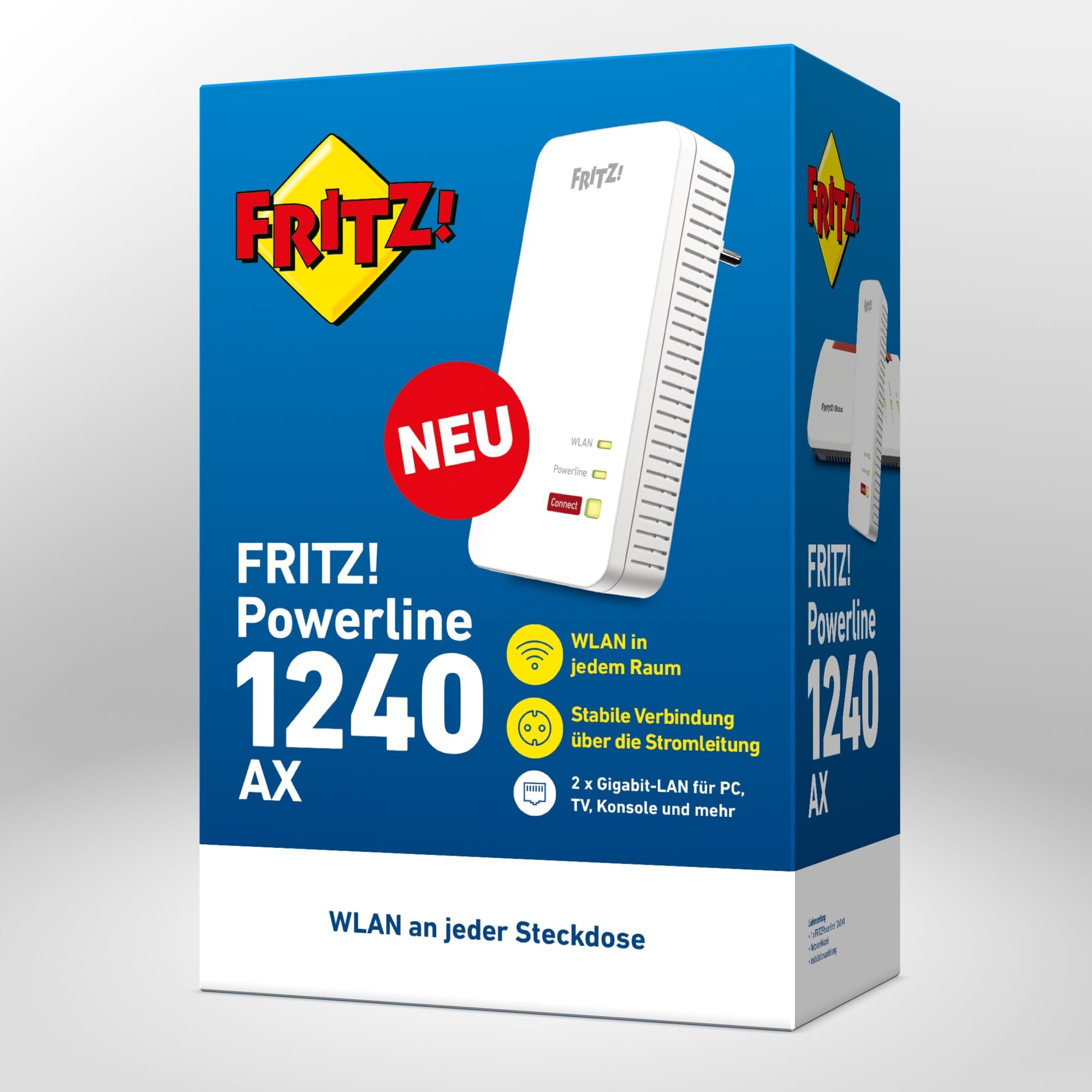 Verpackung von FRITZ!Powerline 1240 AX auf grauem Hintergrund