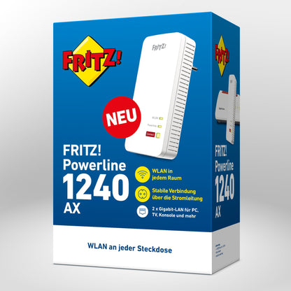 Verpackung von FRITZ!Powerline 1240 AX auf grauem Hintergrund