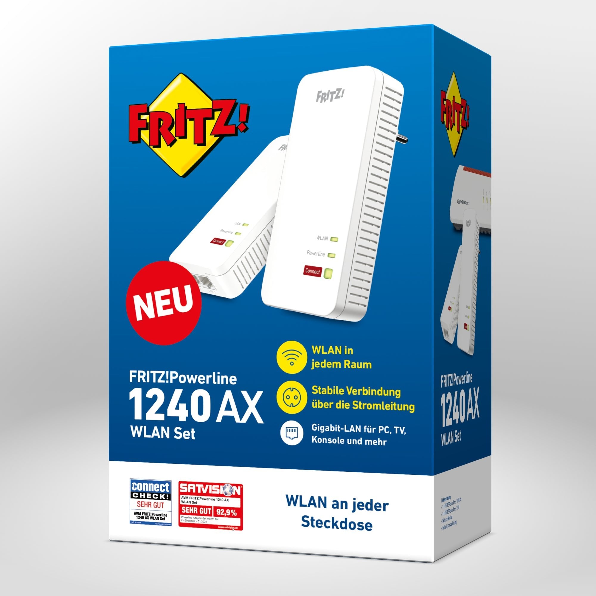 Verpackung von FRITZ!Powerline 1240 AX WLAN Set auf grauem Hintergrund