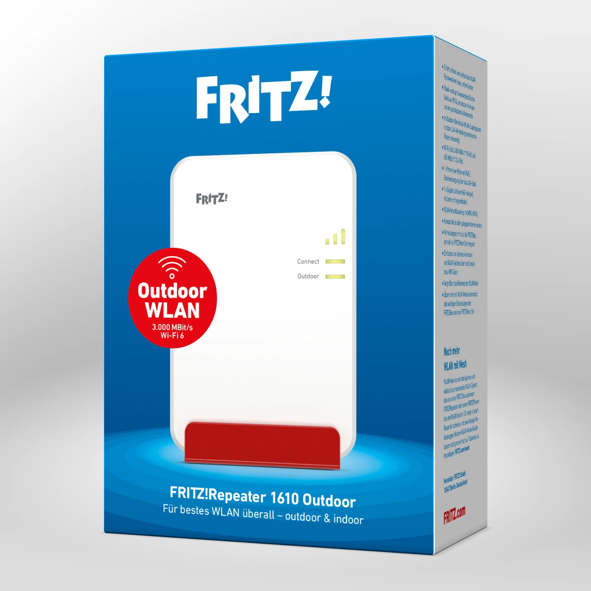 Verpackung von FRITZ!Repeater 1610 Outdoor auf grauem Hintergrund