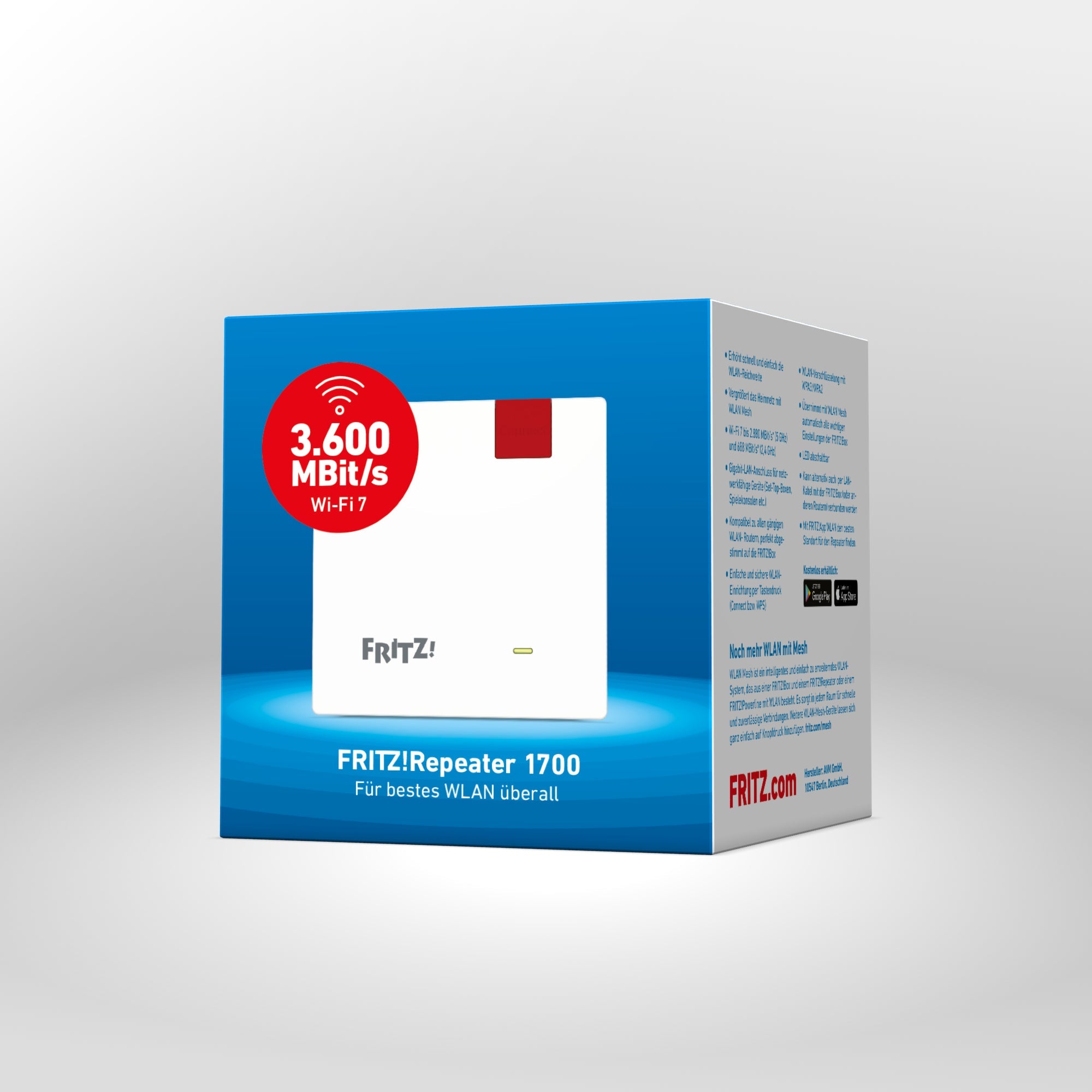 Verpackung von FRITZ!Repeater 1700 auf grauem Hintergrund