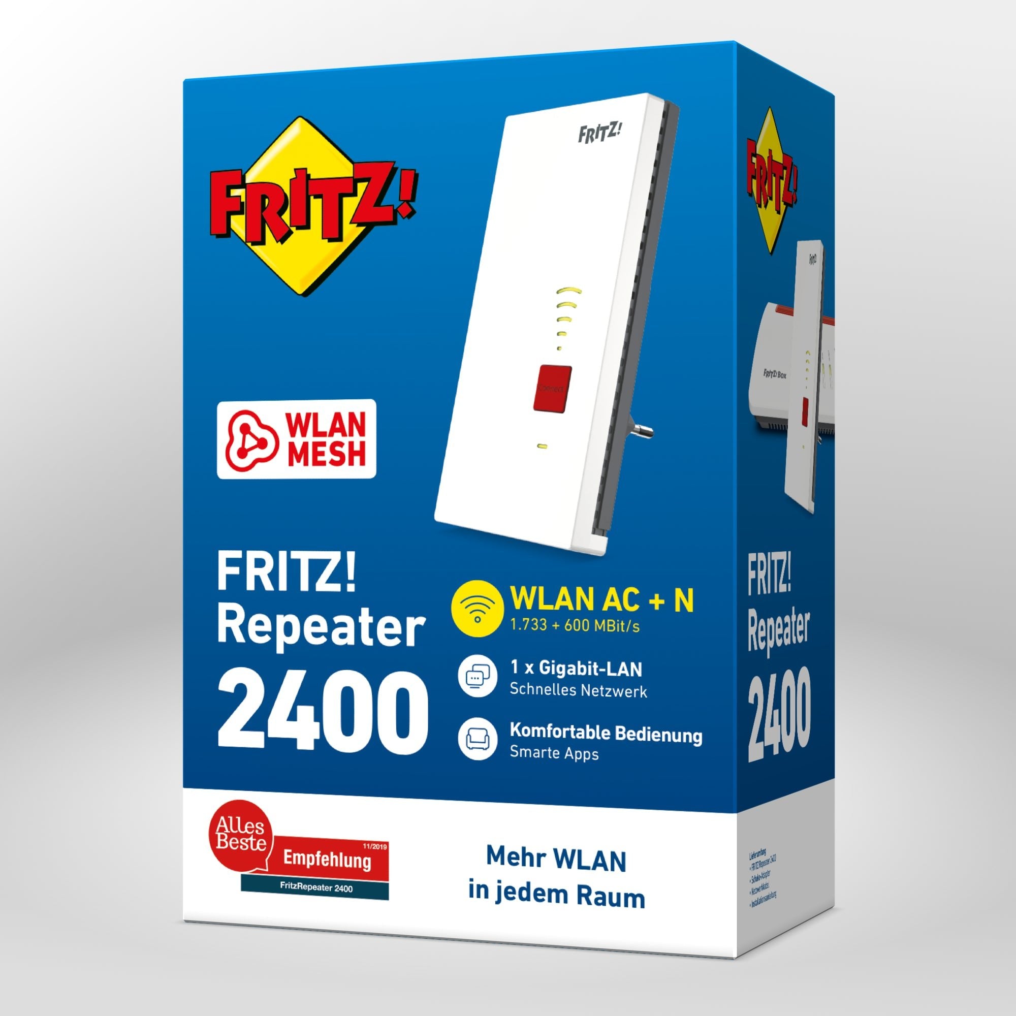 Verpackung von FRITZ!Repeater 2400 auf grauem Hintergrund