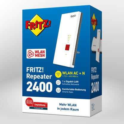 Verpackung von FRITZ!Repeater 2400 auf grauem Hintergrund