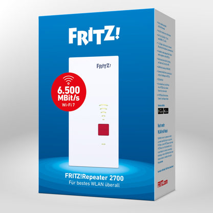 Verpackung von FRITZ!Repeater 2700 auf grauem Hintergrund