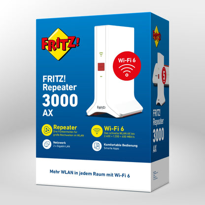 Verpackung von FRITZ!Repeater 3000 AX auf grauem Hintergrund