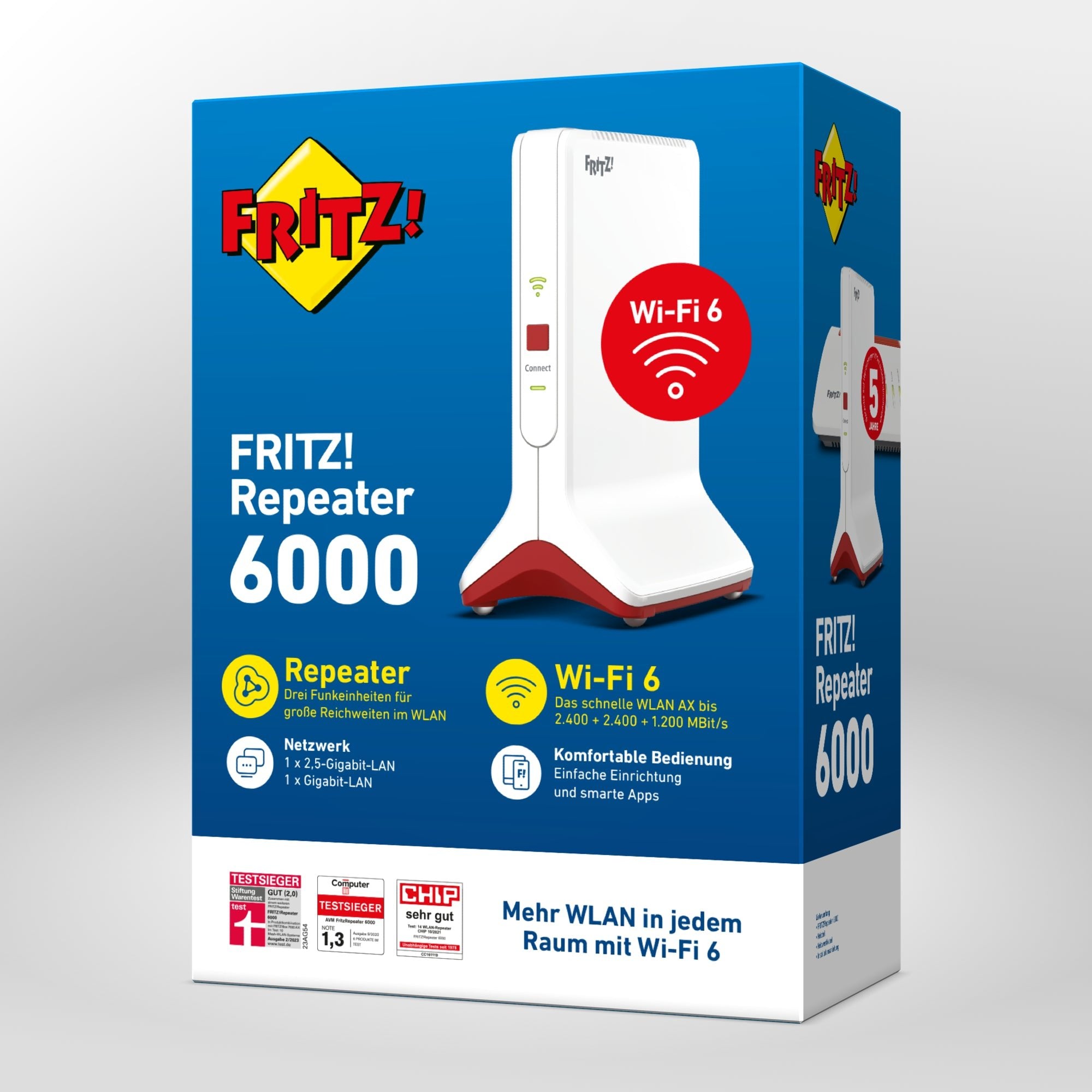 Verpackung von FRITZ!Repeater 6000 auf grauem Hintergrund