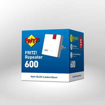 Verpackung von FRITZ!Repeater 600 auf grauem Hintergrund