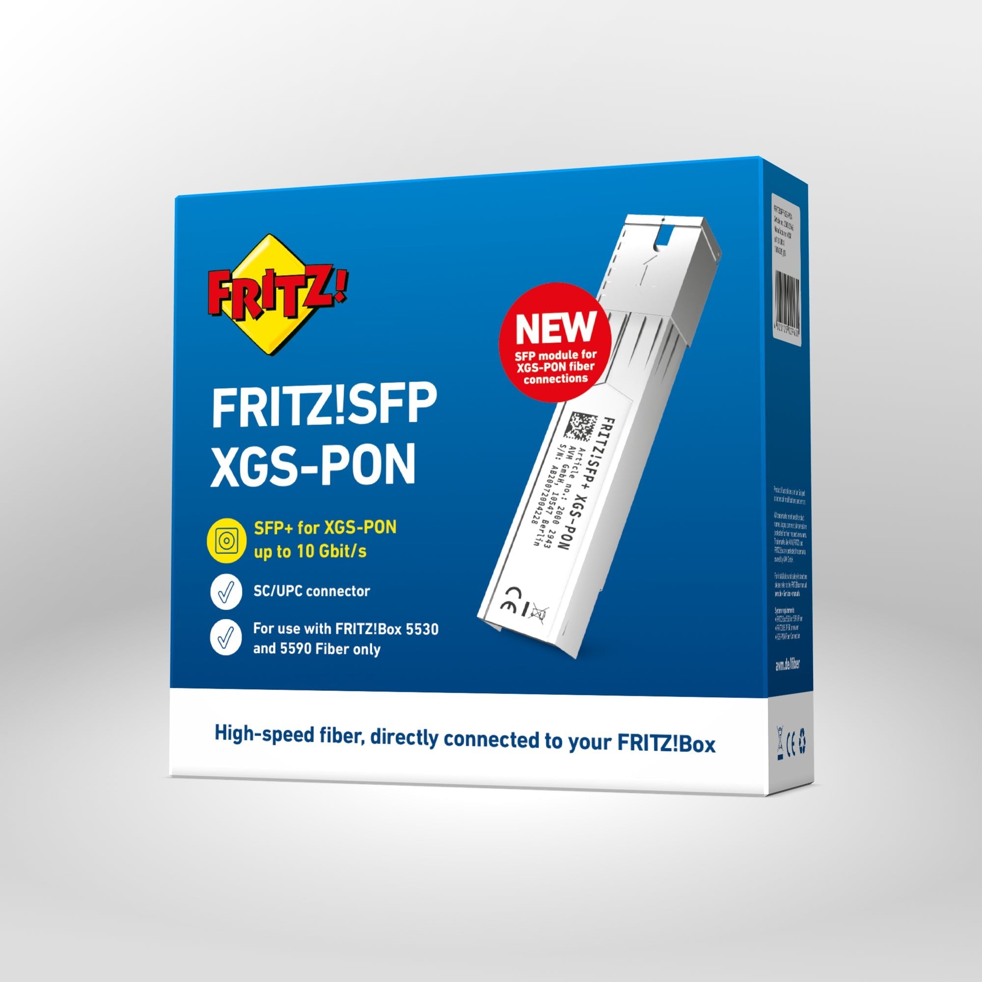 Verpackung von FRITZ!SFP XGS-PON auf grauem Hintergrund