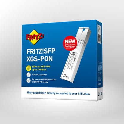 Verpackung von FRITZ!SFP XGS-PON auf grauem Hintergrund