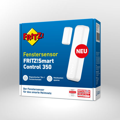 Verpackung von FRITZ!Smart Control 350 Fenstersensor auf grauem Hintergrund.